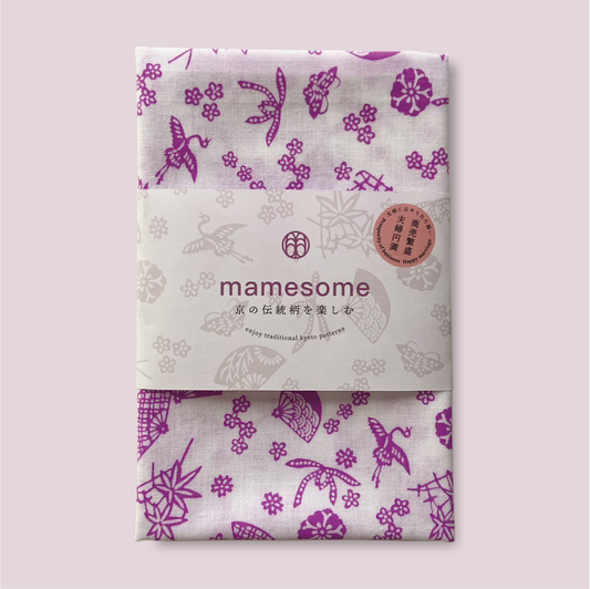 一色染め 手ぬぐい / 蝶に扇面草花 パープル